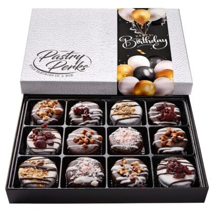 Pastry Perks Happy Birthday Gift Basket -12 Gourmet Chocolate-Covered Cookies, –Delicious Celebration Treats for Men, Women, and Grandma – Holiday Food Delivery Gift Ideas
