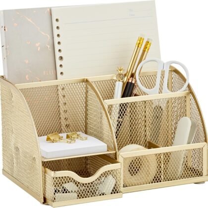 Annova Mesh Desk Organizer Office with 7 Compartments + Drawer/Desk Tidy Candy/Pen Holder/Multifunctional Organizer (Gold)
