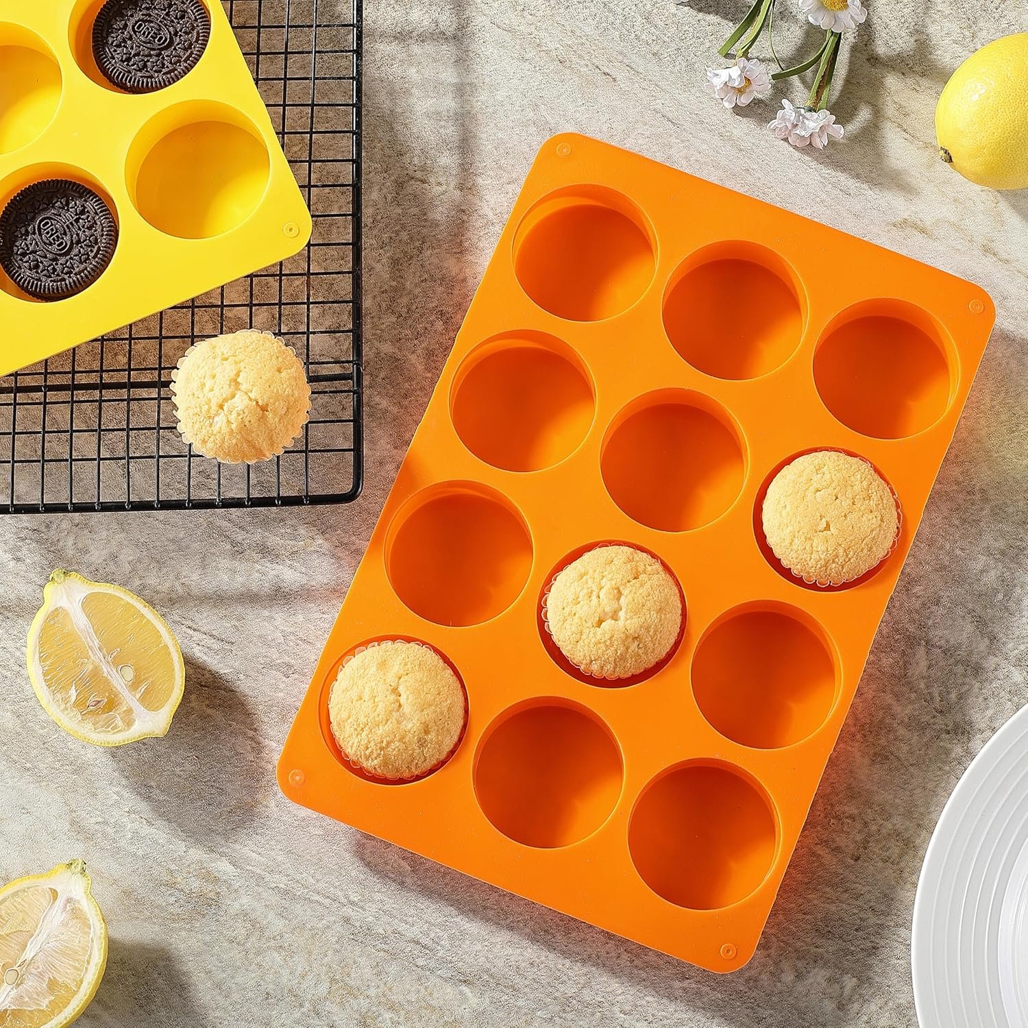 2 Pcs Oreo Chocolate Cookie Silicone Molds, 12-Cavity Round Silicone Mold, Baking Mold for Oreo, Chocolate, Cookie, Candy, Mini Cake, Jelly (Orange + Yellow) - Image 5