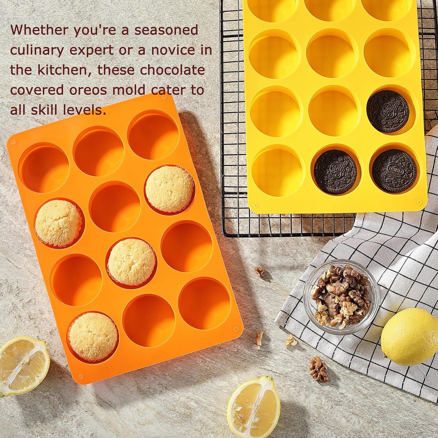 2 Pcs Oreo Chocolate Cookie Silicone Molds, 12-Cavity Round Silicone Mold, Baking Mold for Oreo, Chocolate, Cookie, Candy, Mini Cake, Jelly (Orange + Yellow) - Image 7