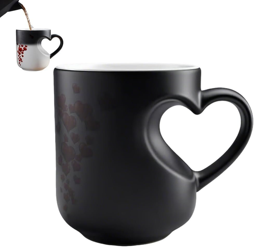 Heart-Shaped Color Changing Magic Ceramic Mug, Heart Shaped Handle Ceramic Coffee Cup for Valentine's Day, Romantic Gift, That Reveals Design When Filled with Hot Beverage(1pc)