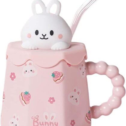 Mark Cup with a Straw Animal Print Stuff Gifts 14oz Ceramic Tea Coffee Cup Kawaii Mugs Funny Animal Mug Rabbit Mug Birthday Gifts for Women Girls Kids Lovers (Pink-Rabbit)