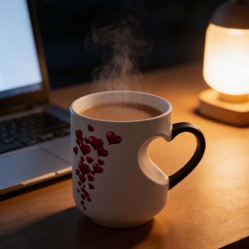 Heart-Shaped Color Changing Magic Ceramic Mug, Heart Shaped Handle Ceramic Coffee Cup for Valentine's Day, Romantic Gift, That Reveals Design When Filled with Hot Beverage(1pc) - Image 5