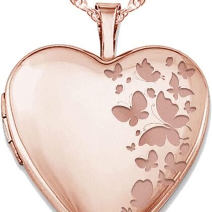 PicturesOnGold.com Personalized Heart Shaped Butterflies Photo Locket Necklace - 3/4 inch x 3/4 inch - Includes 18 inch Chain - Custom Engraved Picture Locket Necklace for Women