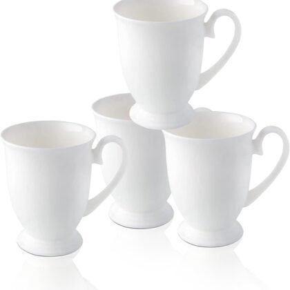 Luxury Fine Bone China White Coffee Mugs Set of 4 (8 oz), Ceramic Euro Style Tea Cups, Elegant Durable Coffee Cups Set for Gifts, Women, Men, Mom, Dad, Wedding