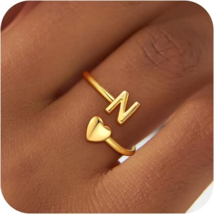 Heart Initial Ring for Women - 14K Gold Plated Rings for Women Non Tarnish Open Adjustable Dainty Gold Jewelry Birthday Bridesmaid Gifts