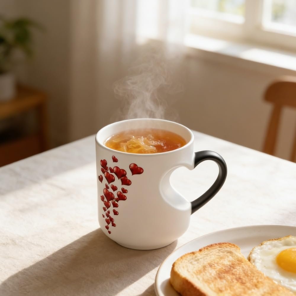 Heart-Shaped Color Changing Magic Ceramic Mug, Heart Shaped Handle Ceramic Coffee Cup for Valentine's Day, Romantic Gift, That Reveals Design When Filled with Hot Beverage(1pc) - Image 4