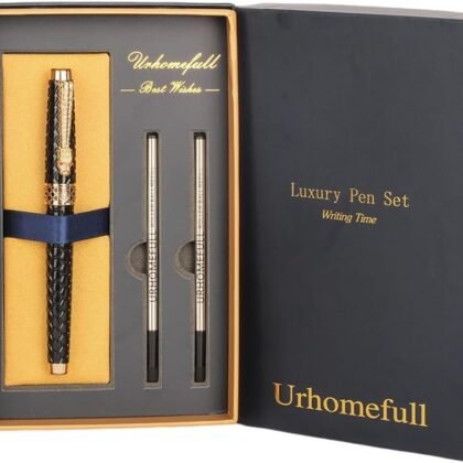 Stunning Luxury Rollerball Pen with 24K Gold Trim,Switzerland Tip with Black Ink Refills, Perfect Roller Ponit Pen Gift Set for Men Women, Fancy Writing Set for Business,Black