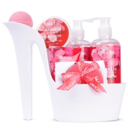 Mother’s Day Gift Baskets for Women, 8 Pc Cherry Blossom Scented Spa Gift Set, Heel Shoe Bath Basket, Elegant Bath and Body Set, Relaxing Self Care Kit for Mom, Home Spa Gifts for Her by Draizee