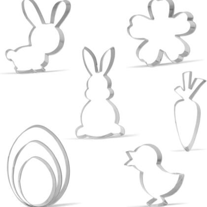 Keewah 8 Piece Large Easter Cookie Cutter Set - Bunny, Rabbit, Easter Egg, Chick, Flower, Carrot - Stainless Steel