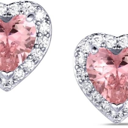 Pink Heart Stud Earrings for Women – White Gold Plated with Cubic Zirconia Diamond Pave – Romantic Jewelry Gift for Her – Hypoallergenic, Lightweight, Everyday or Special Occasion by Malibu Sunday