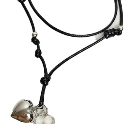 PLOUTOS Heart Lock Key Pendant Adjustable Black Rope Lariat Necklace for Women Boho Minimalist Wax Cord Long Silver Tone Charm Lightweight