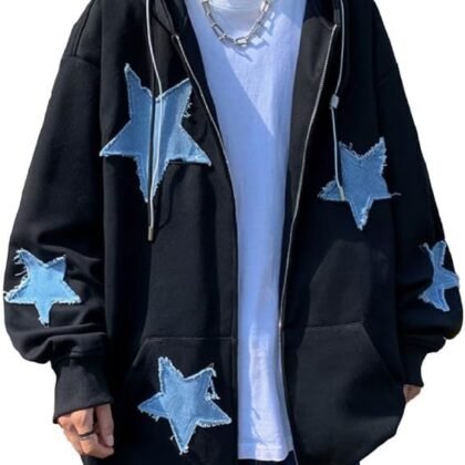 BAIMORE Unisex Vintage Blue Star Patch Drawstring Zipper Hoodie Loose Casual Couple Jacket
