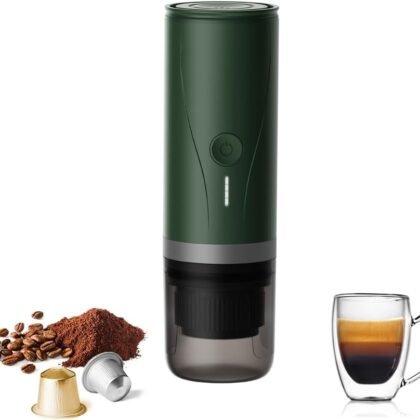 Portable Espresso Maker,Self-Heating Electric Mini Coffee Machine,Up to 20-Bar Pressure,Compatible with NS Capsules & Fine Grind,Coffee Maker for Outdoor Camping,Hiking,RV & Car, travel (Green)