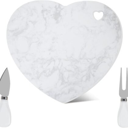 Heart Shaped Marble Charcuterie Cutting Serving Board with Cheese Utensils,12'' Cheese Charcuterie Tray Bread Board Serving Platter for Christmas Wedding Anniversary Bridal Shower Housewarming