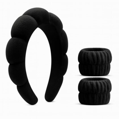 Black Spa Headband and Wristband Set – 3pc Face Wash Kit for Skincare & Makeup – Puffy Terry Cloth Hairband for Women, Girls – Cute Self-Care Gift Idea