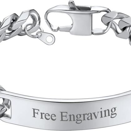 ChainsHouse Personalized ID Bracelet for Men Women Stainless Steel Cuban Curb Link Chain Custom Engrave Bar Bracelet Bangle, 7mm Width, 19-21CM, Send Gift Box