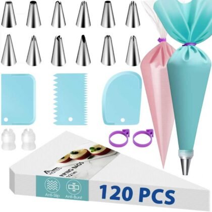 HOTEC Piping Bags and Tips Set, 120 Pcs Cake Decorating Kit with 100pcs 12 Inch Disposable Pastry Bags, 1 Reusable Piping Bags, 12 Piping Tips, 3 Cake Scraper, 2 Couplers, 2 Bag Ties, Baking Supplies