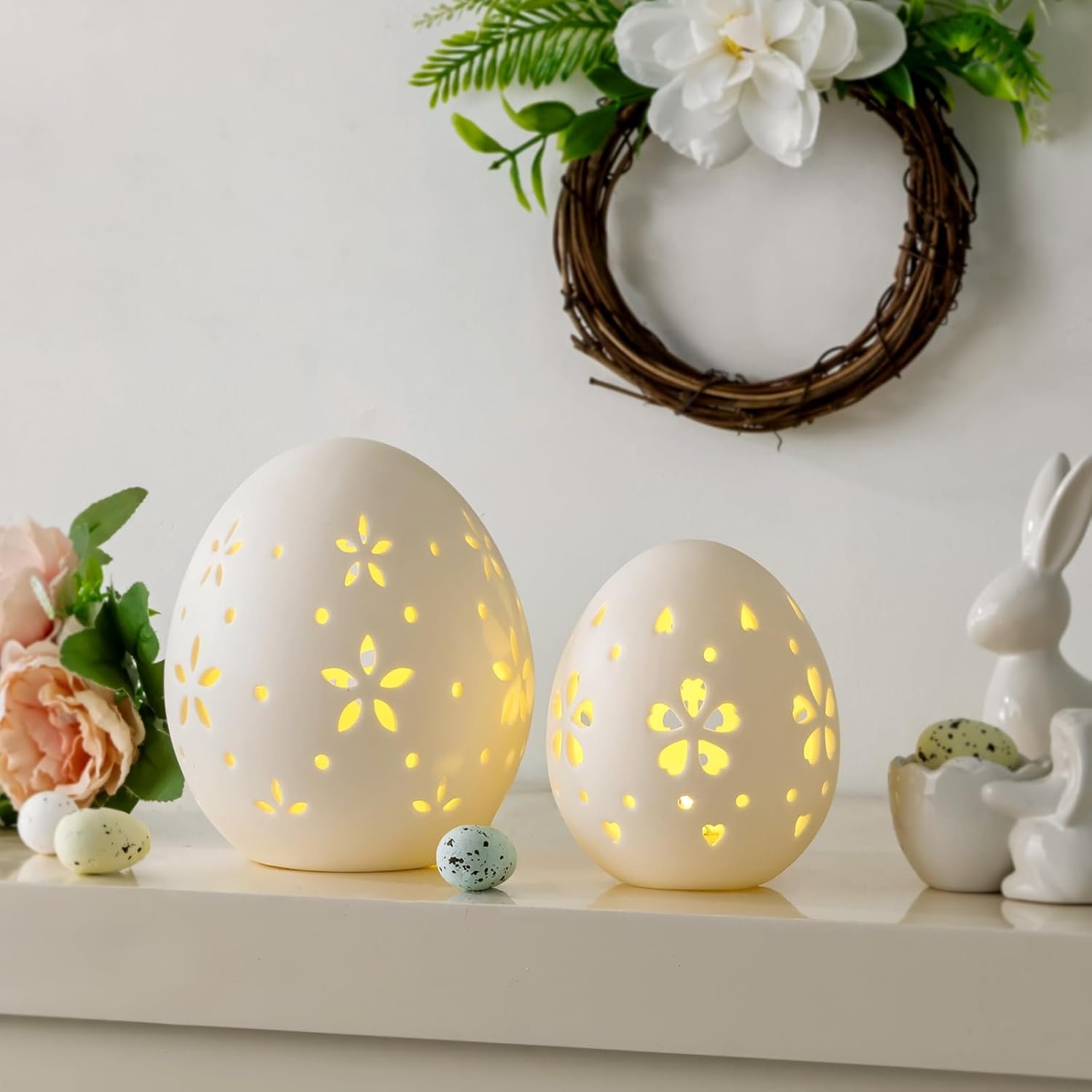 Easter Decorations: White Ceramic Lighted Easter Egg Set of 2, Farmhouse Rustic Hollow Easter Eggs Light Up Tabletop Statue, Easter Home Table Decor, Hunting Party Supplies Gifts for Kids - Image 5