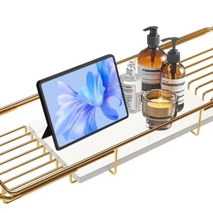 BVL Bathtub Tray Stainless Steel with Marble Base Gold Bathtub Tray with White Marble Base Adjustable & Rustproof Bath Caddy for Spa, Relaxation, Bath Bombs