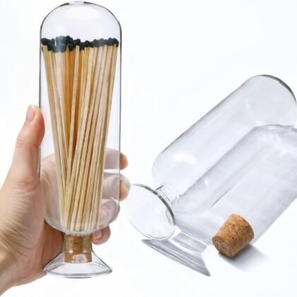 Extra Tall 11 Decorative Glass Matches Cloche Decorative Match Holder Jar for Candle Matches Trendy Fireplace Display Decor, Sticks Not Included