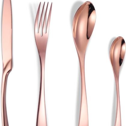 Lemeya 24 Pieces Rose gold Silverware Set for 6,Heavy Duty 18/10 Stainless Steel Flatware Set with Forged Stand Knife,Modern Cutlery Utensil Set,Mirror Polished,Dishwasher Safe