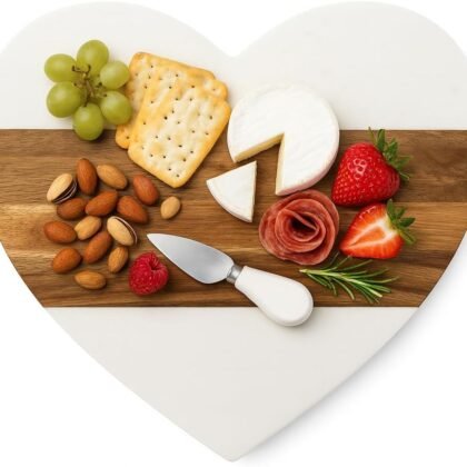 Heart Shaped Charcuterie Board - Personalized Gifts for Women with Monogram Engraving, Acacia Wood & Marble Cheese Board Set with Knife, Customized Gifts for Couples & Weddings