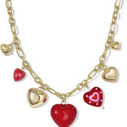 KissYan Heart Charm Necklace for Women, 14K Gold Plated Chunky Red Love Heart Pendant Link Chain Fashion Jewelry Gifts