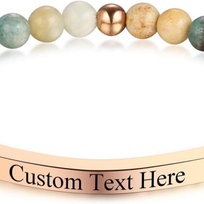 INBLUE Personalized Beaded Bracelets for Women with Engraved Name Natural Stone Stretch Inspirational Bracelet Personalized Jewelry Gift for Mom Wife Friends