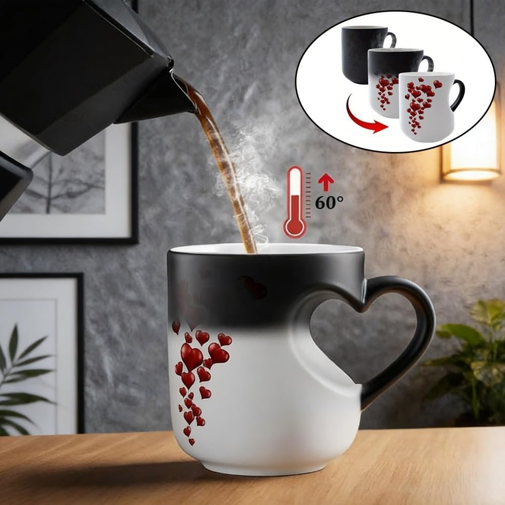 Heart-Shaped Color Changing Magic Ceramic Mug, Heart Shaped Handle Ceramic Coffee Cup for Valentine's Day, Romantic Gift, That Reveals Design When Filled with Hot Beverage(1pc) - Image 6