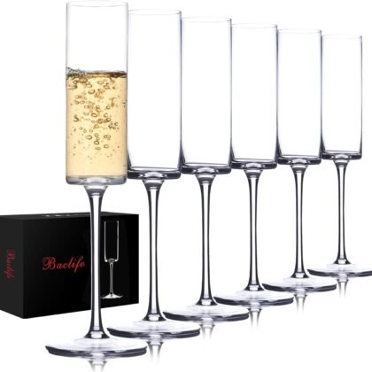 BACLIFE Crystal Champagne Flutes Set of 6 - Hand Blown Champagne Glasses With Long Stem - 6.5 oz Elegant Sparkling Wine Stemware - Unique Gift for Mother's Day,Birthday,Wedding - Clear