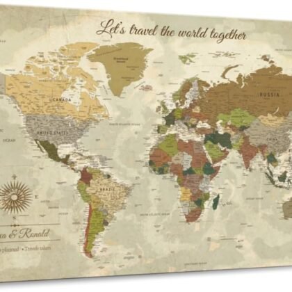 ElephantStock - Personalized Travel Together I Push Pin World Map Wall Art - Horizontal Canvas Wall Art - Living Room Wall Decor - Digital Art Map Canvas Art - Brown And Yellow Decor - 24" x 16"
