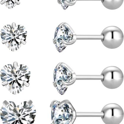 4 Pairs Screw Back Surgical Stainless Steel Stud Earrings, Gold Plated Silver Heart Star Square Princess Cut Round CZ Cubic Zirconia Stud Earrings Set