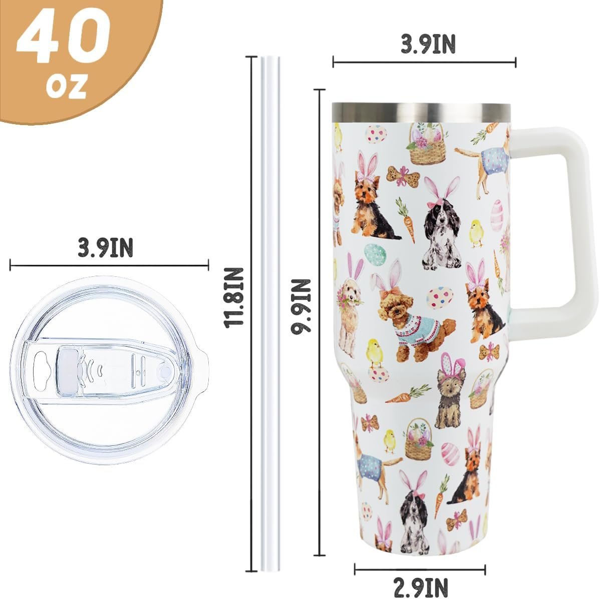 Easter Tumbler 40 oz Bunny Ears Dog Cup Coffee Mugs Cute Puppy Chick Leak Proof Cups with Handle and Straw Stainless Steel Vacuum Insulated Water Bottle Easter Gifts Spring Decor (1PCS) - Image 3