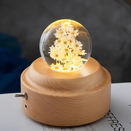 1 Pieces 6cm Diameter Yellow Glass Little Daisy Ball Night Light Music Box Wood You are My Sunshine Mechanism Flower Decor Romantic Birthday Valentine's Day for Girlfriend Her Women wife teenagers