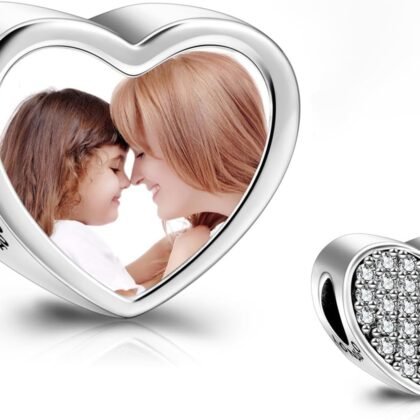 LONAGO 925 Sterling Silver Personalized Photo Charm Fit Compatible for Bracelet Necklace Customized Heart Round Shape Picture Bead