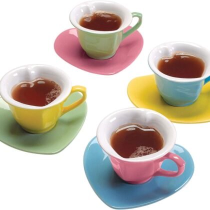 (Set of 4) Heart Shaped Cups And Saucers: Multi-Colored 5 oz. Ceramic