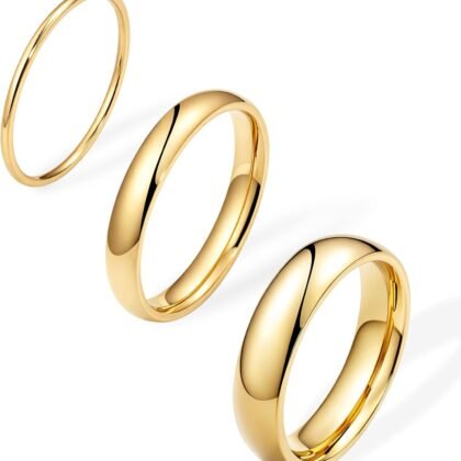 Gold Band Rings for Women Men Non Tarnish, Wedding 14K Gold Plated Stackable Ring Set for Couples, Dainty Thin Plain Simple Promise Dome Band Thumb Pinky 1mm 3mm 5mm Jewelry Gift Comfort Fit Size 3-13