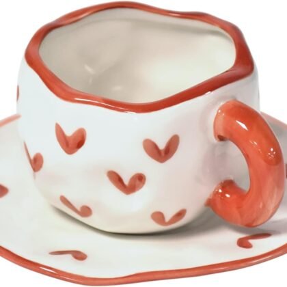Koythin Ceramic Coffee Mug with Saucer Set, Cute Creative Cup Unique Irregular Design for Office and Home, Dishwasher and Microwave Safe, 10 oz/300 ml for Latte Tea Milk (Red Heart)
