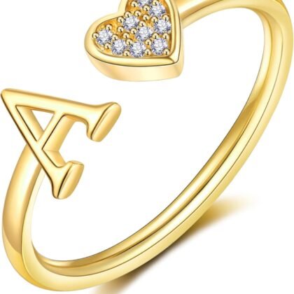 WFYOU Heart Initial Ring for Women Silver Rose Gold Plated Heart Capital Letter Initial Ring Stackable Rings for Women Adjustable Alphabet Letter Rings Jewelry Gifts