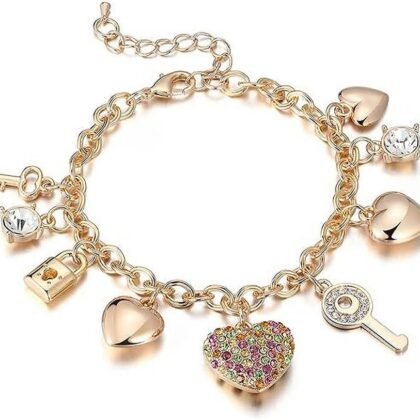 SILANER Gold Chain Link Bracelet - 7"+ 2" Extender 14K Gold Plated Love Locked Bracelets for Women, with Crystal, Love Heart,Key, Lock, Charm Bracelet