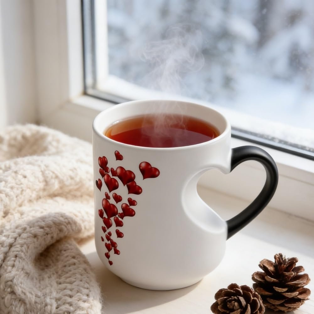 Heart-Shaped Color Changing Magic Ceramic Mug, Heart Shaped Handle Ceramic Coffee Cup for Valentine's Day, Romantic Gift, That Reveals Design When Filled with Hot Beverage(1pc) - Image 3