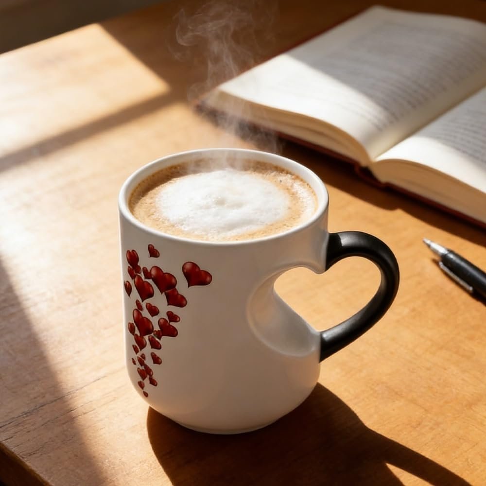Heart-Shaped Color Changing Magic Ceramic Mug, Heart Shaped Handle Ceramic Coffee Cup for Valentine's Day, Romantic Gift, That Reveals Design When Filled with Hot Beverage(1pc) - Image 2