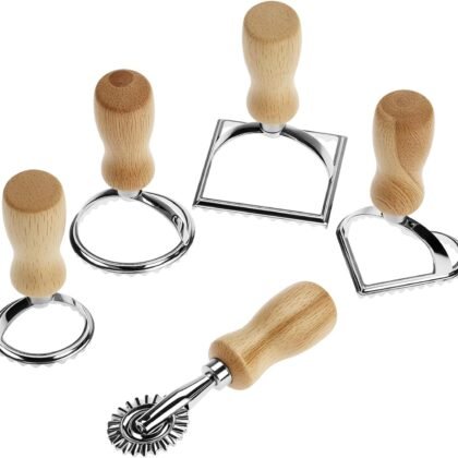 QWORK Ravioli Stamp Maker Cutter with Roller Wheel Set – Wood Handle, Sturdy Aluminum Frame, Precise Fluted Edges – Perfect for Ravioli, Pasta, Cookies