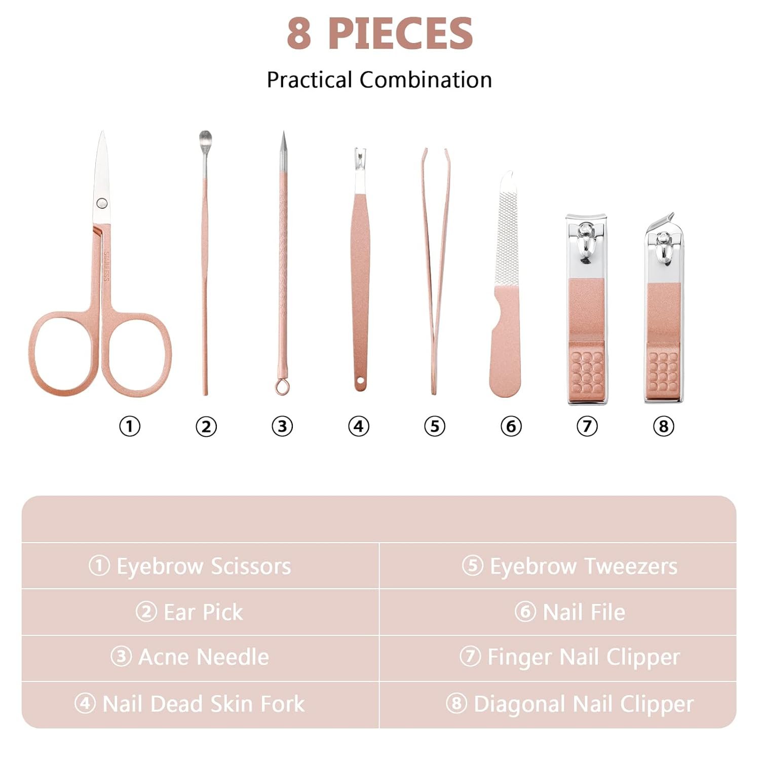 Hanaive 6 Set Manicure Set 48 Pcs Nail Clippers Pedicure Kit Gift for Mother's Day 8 in 1 Stainless Steel Grooming Kit Professional Nail Care Tools with Luxurious Travel Case for Men Women(Rose Gold) - Image 4