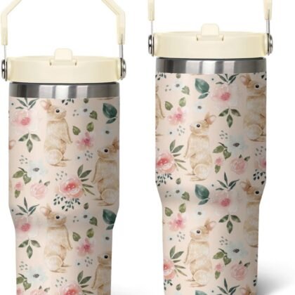 30 oz Easter Bunny Tumbler with Handle and Flip Straw, Rabbit Lovers Coffee Mug Water Bottle Stainless Steel Cup, Mothers Day Christmas Birthday Gifts for Women