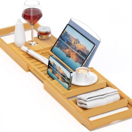 Luxury Bamboo Bathtub Tray - Wooden Expandable Caddy with Book, Tablet, Wine Holder - Gift Idea