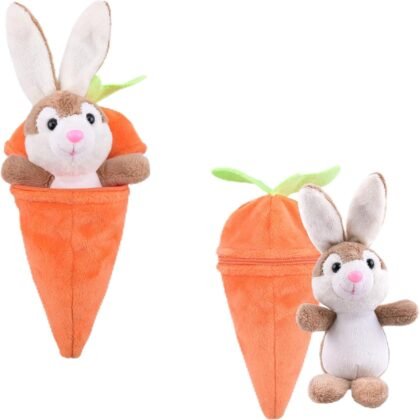 Easter Bunny in Carrot Pouch with Keychain, Cute Stuffed Animal Toy for Easter Basket Stuffers & Gifts (Baby Toddler Kids Girls Boys), Funny Decor, Crafts, Travel Fidget Plush