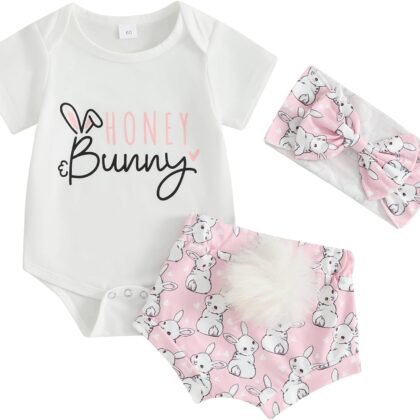 Infant Baby Girl Easter Outfits Short Sleeve Romper Bunny Onesie + Pompom Shorts Bloomers + Headband 3Pcs