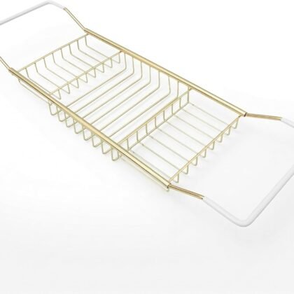 Cabilock Luxury Stainless Steel Bathtub Caddy Tray - 24.8in Expandable Modern Bath Rack for Tub with Wine Glass & Book Holder - Rustproof Shower Organizer & Tablet Stand for Home Spa, Gold